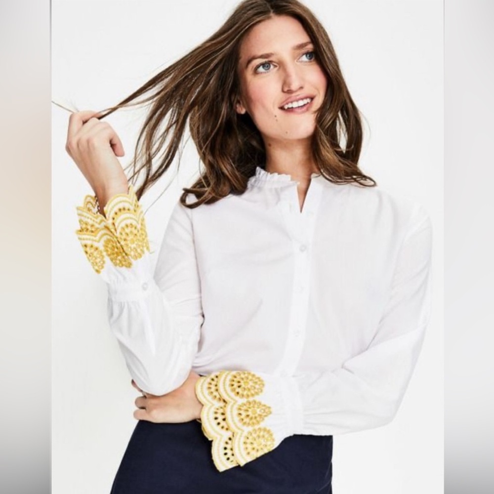 Boden White Shirt with Gold Eyelet Embellished Cuffs size 18